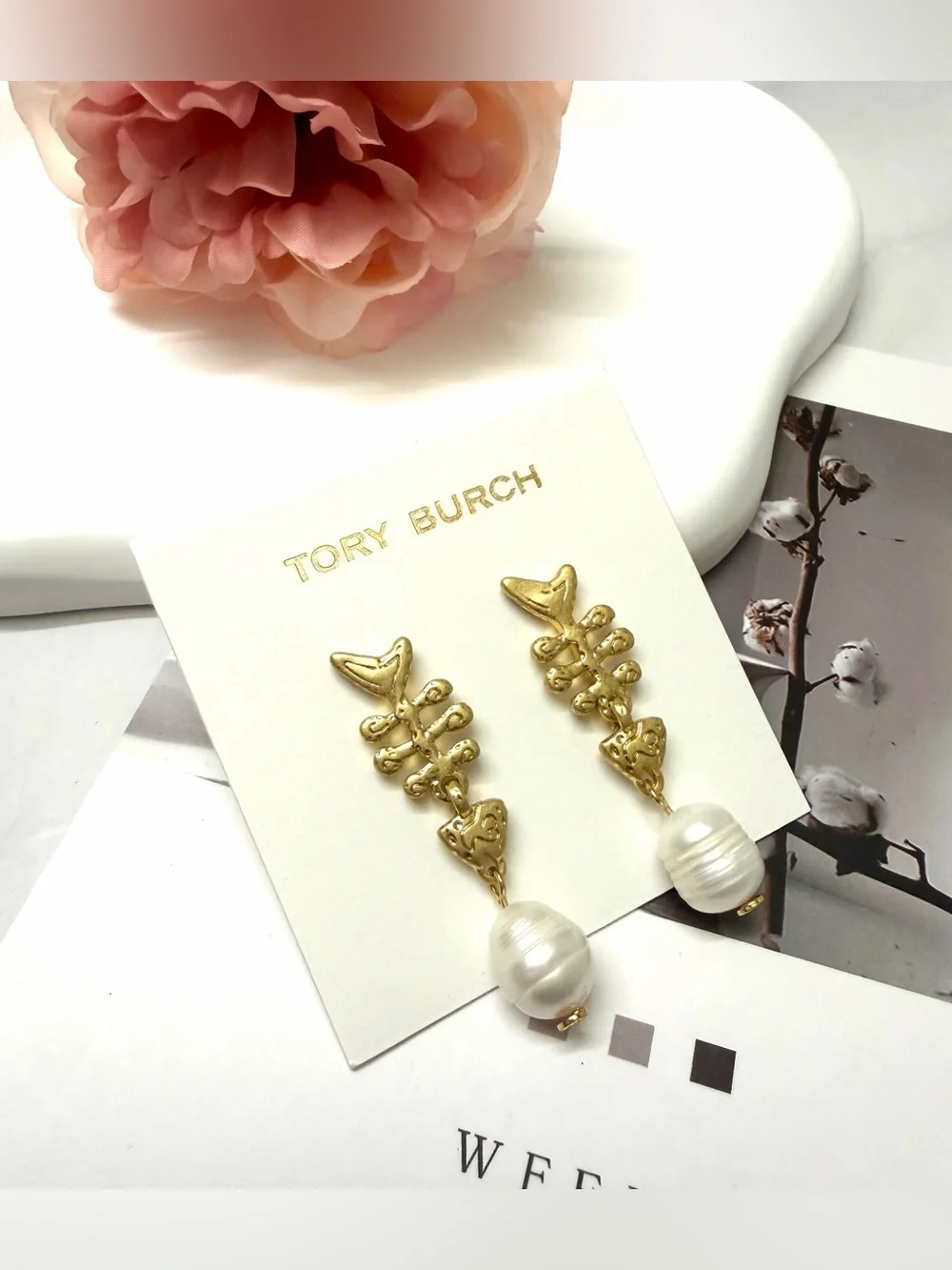 Tory Burch Gold-tone Drop Earrings with White Pearls